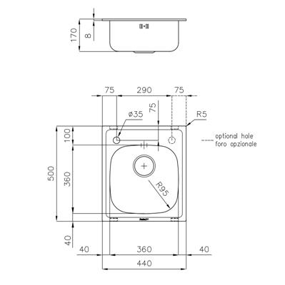 LAVELLO INC.INOX 440X500 RETT.S1000 FORO MIX DX FOSTER