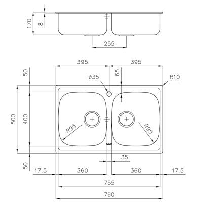 LAVELLO INC. INOX/PREL 790X500 2V S1000 FOSTER