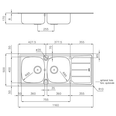 LAVELLO INC. INOX/PREL 1160X500 2V+GOCC.SX S1000 FOSTER