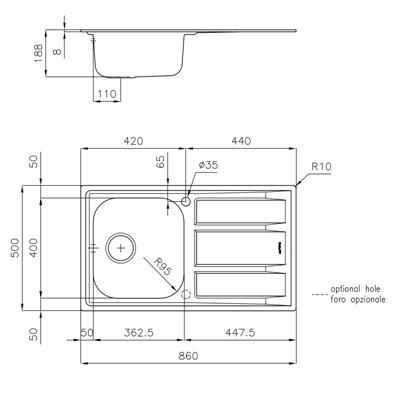 LAVELLO INC. INOX 860X500 1V+GOCC.DX FM FOSTER