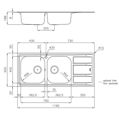 LAVELLO INC. INOX 1160X500 2V+GOCC.SX FM MARINE FOSTER