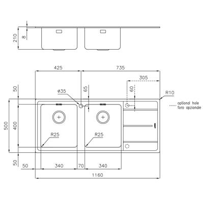 LAVELLO INC. INOX 1160X500 2V+GOCC.SX EVO FOSTER