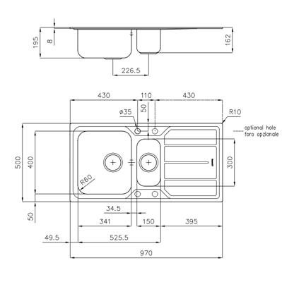 LAVELLO INC. INOX 970X500 2V+GOCC.SX ELETTRA FOSTER