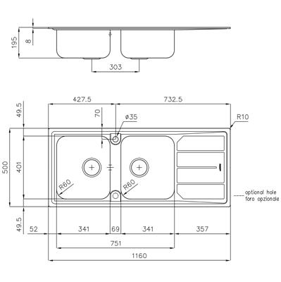 LAVELLO INC. INOX 1160X500 2V+GOCC.DX ELETTRA FOSTER