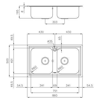 LAVELLO INC. INOX 860X500 2V ELETTRA FOSTER